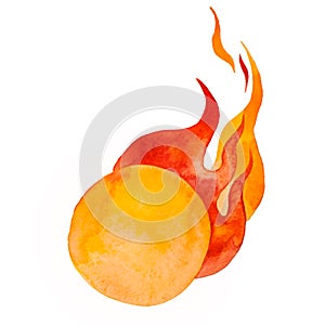 Watercolor burning circle isolated on white, hot fireball in fire