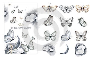 Watercolor butterflies and flowers spring greeting card. Rectangular template with natural motifs