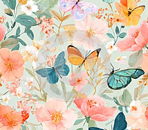 Watercolor Butterfly and Floral Seamless Pattern Spring Blossom Design