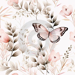 Watercolor butterfly, flower and leaves seamless pattern. Beautiful delicate background with nature elements for textile, print,