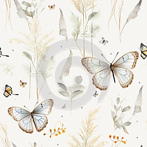 Watercolor butterfly, flower and leaves seamless pattern. Beautiful delicate background with nature elements for textile, print,