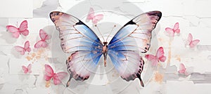 Watercolor butterfly with golden splashes, blue and pink colors - nature illustration