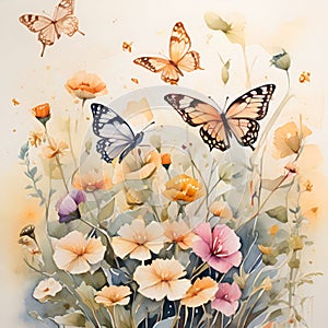 Watercolor butterfly illustration and colorful flowers