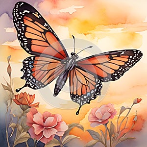 Watercolor butterfly illustration and colorful flowers