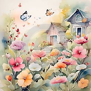 Watercolor butterfly illustration and colorful flowers