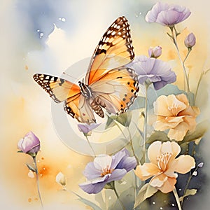 Watercolor butterfly illustration and colorful flowers