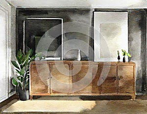 Watercolor of A cabinet in a living room with a framed design and an unoccupied dark wall in the