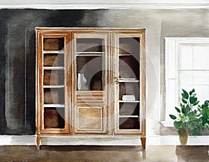 Watercolor of A cabinet in a living room with a framed design and an unoccupied dark wall in the