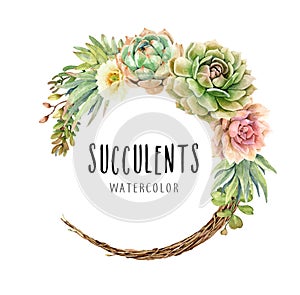 Watercolor Cacti and Succulents on vine wreath