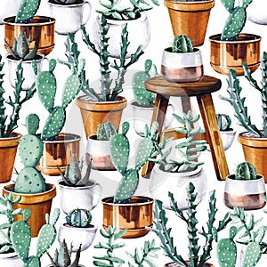 Watercolor cactus desert tropical garden seamless pattern. Watercolour cactus pattern