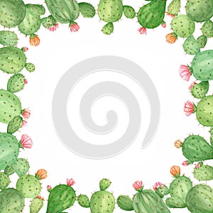Watercolor Cactus Frame with Pink Flowers
