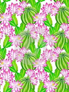 Watercolor cactus illustration, seamless pattern.