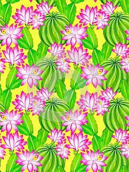 Watercolor cactus illustration, seamless pattern.