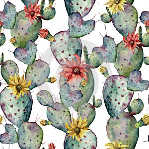 Watercolor cactuses, yellow and red flowers seamless patttern. Hand painted opuntia isolated on white background