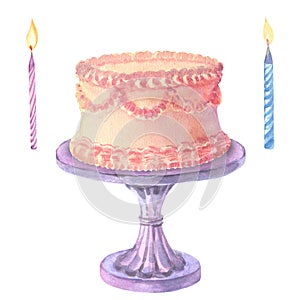 Watercolor cake with candles, isolated on white background. Happy birthday, baby shower celebration concept. Hand drawn