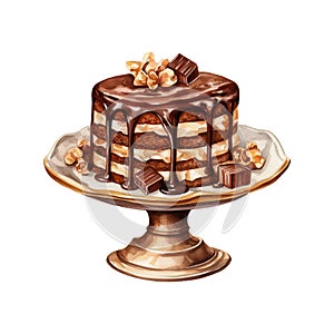 Watercolor cake with chocolate smudges and walnut on gold vintage stand. Isolated illustration for menu design, pastry