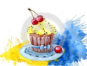 Watercolor cake filled with cream and cherries. Isolated. Easy to use for various menu design, advertisements, cafes