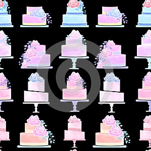 Watercolor Cake Pattern Design on Black Background