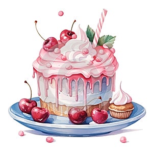 Watercolor cake with whipped cream and cherry on a plate isolated on white background