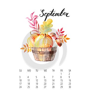 Watercolor Calendar template for September 2017 year