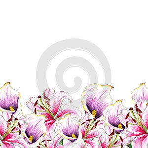 Watercolor callas and lilies. Floral background. Flower pattern. Tropical plants.Isolated on white background