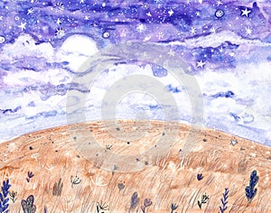 Watercolor night sky background with full moon and stars. Hand drawn starry sky illustration.