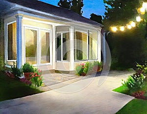 Watercolor of calm patio of beautiful suburban house with lights in the garden summer evening concept