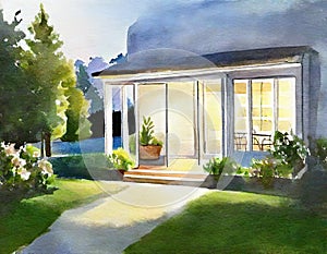 Watercolor of calm patio of beautiful suburban house with lights in the garden summer evening concept