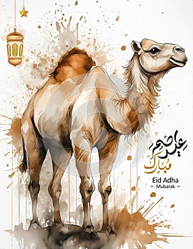 Watercolor Camel illustration, Celebration of Muslim community festival Eid Al Adha