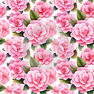 Watercolor Camellias Seamless Pattern, Aquarelle Camellias Pink Flowers, Creative Watercolor Bloom
