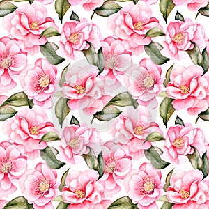 Watercolor Camellias Seamless Pattern, Aquarelle Camellias Pink Flowers, Creative Watercolor Bloom