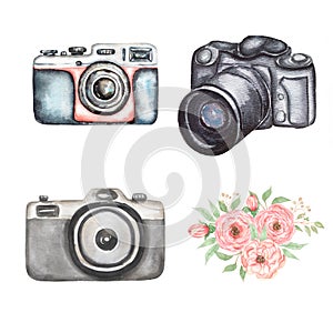 Watercolor camera  illustration set, delicate pink peony floral arrangements, flowers and greenery bouquet cliparts,  vintage