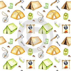 Watercolor camp seamless pattern, adventure outdoor tourist camping symbols Tent Bonfire Axe Torch Multifunction knife