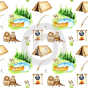 Watercolor camp seamless pattern, adventure outdoor tourist camping symbols Tent Bonfire Axe Torch Multifunction knife