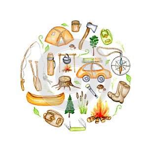Watercolor camp set, adventure outdoor tourist camping symbols Tent Bonfire Axe Torch Multifunction knife Compass