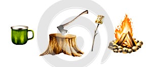 Watercolor camping axe in wooden stump, campfire and roasted marshmallow, metal green cup illlustrations. Mountin