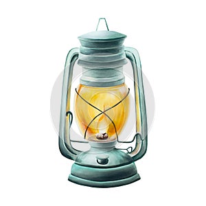 Watercolor camping old oil kerosene lantern illlustration. Mountin equipment for recreation tourism and adverture
