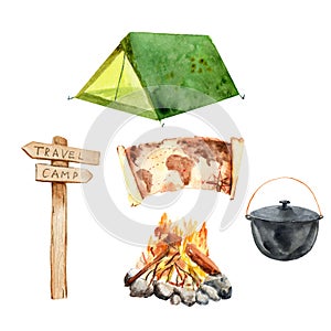 Watercolor camping set - tent, pointer, map, bonfire, cauldron