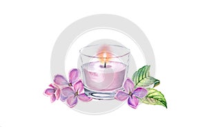 Watercolor candle arrangement with lilac flowers. Pink glass painting. Spa and cosmetic products isolated on white