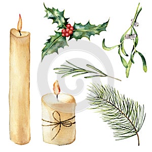 Watercolor candle with decor set. Hand painted candle, holly, mistletoe rosemary, christmas tree branch isolated on