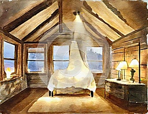 Watercolor of candlelit cabin bedroom with a fluffy created with