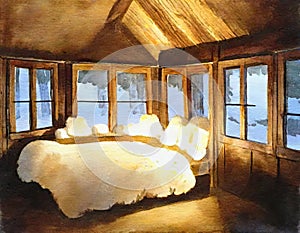 Watercolor of candlelit cabin bedroom with a fluffy created with