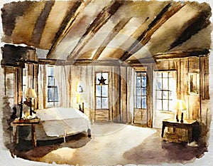 Watercolor of candlelit cabin bedroom with a fluffy created with