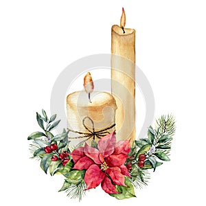 Watercolor candles with Christmas floral composition. Hand painted fir branch, snowberry, pine cone, poinsettia, holly