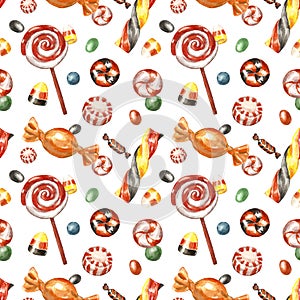 Watercolor candy seamless pattern. Halloween themed design, colorful sweets and treats on white background