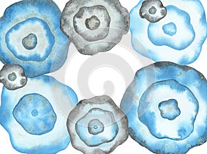 Watercolor card with Abstract Blue Flowers, Decorative round Flowers
