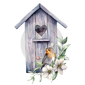 Watercolor card with bird house, robin and anemones. Spring illustration with a flowers and a bird isolated on a white