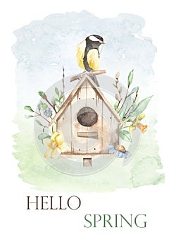 Watercolor card with birdhouse, titmouse, willows, flowers, spring greens and leaves, hello spring