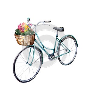 Watercolor card with blue bicycle with basket and flowers. Hand painted summer illustration isolated on white background