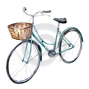 Watercolor card with blue bicycle with basket. Hand painted summer illustration isolated on white background. For design